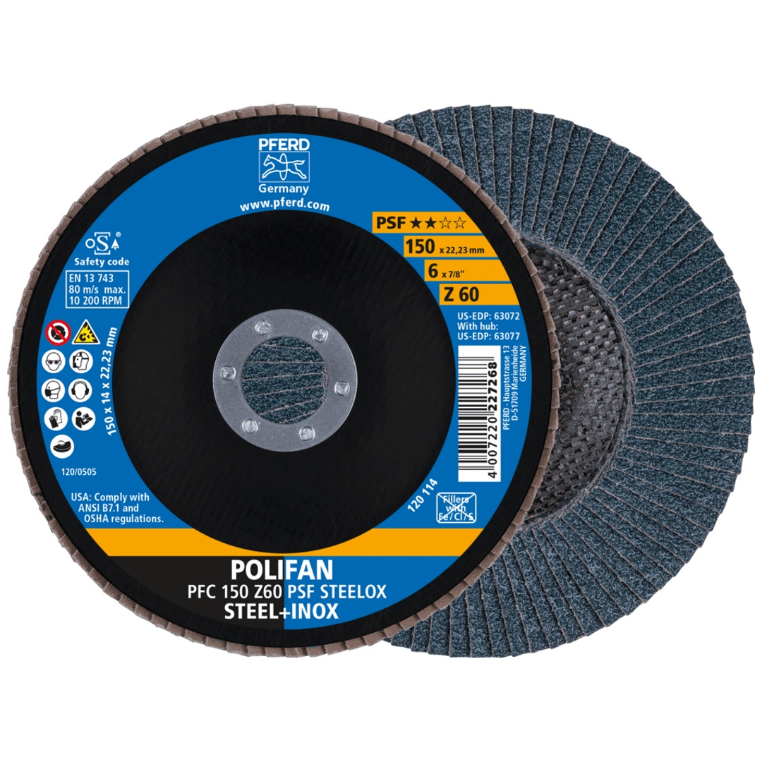 PFERD TOOLS POLIFAN Fächerscheibe PFC 150x22,23 mm konisch Z60 Uni.-Linie PSF STEELOX Stahl/Edelstahl