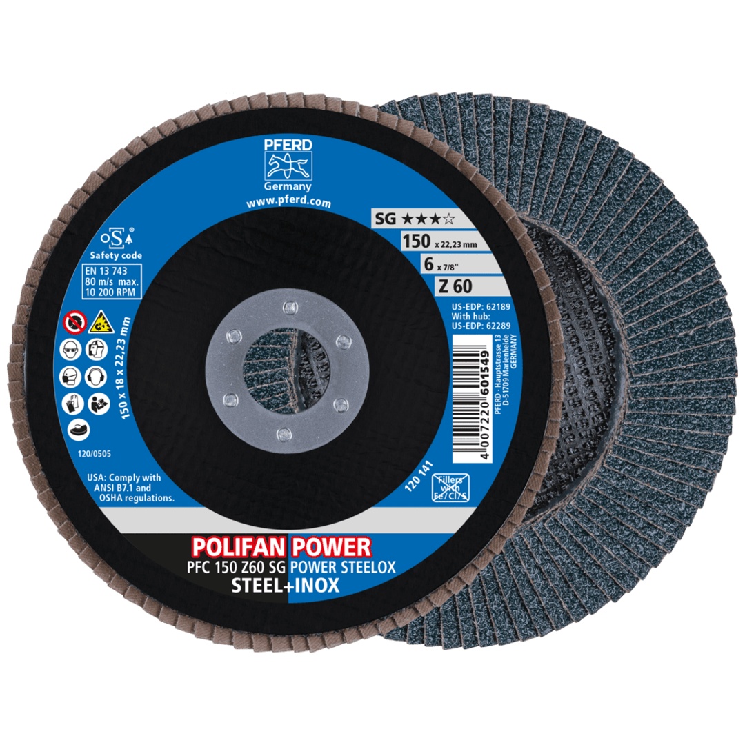 PFERD TOOLS POLIFAN POWER Fächerscheibe PFC 150x22,23 mm konisch Z60 SG STEELOX Stahl/Edelstahl