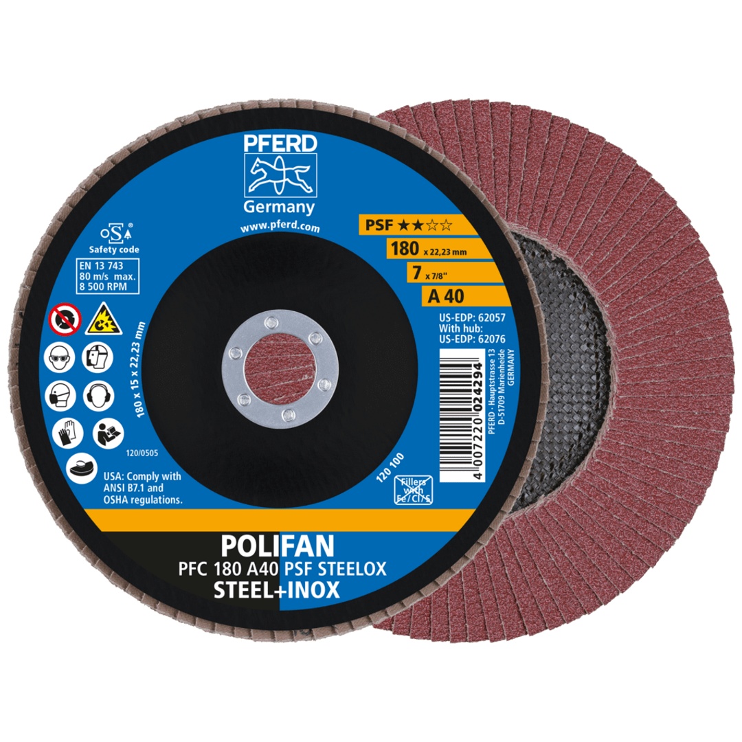 PFERD TOOLS POLIFAN Fächerscheibe PFC 180x22,23 mm konisch A40 Uni.-Linie PSF STEELOX Stahl/Edelstahl