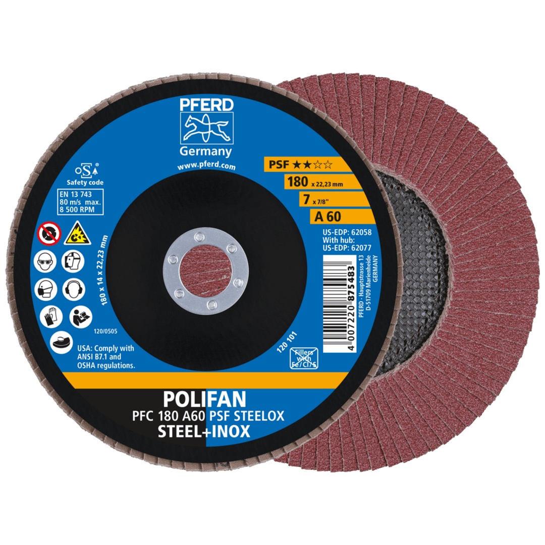 PFERD TOOLS POLIFAN Fächerscheibe PFC 180x22,23 mm konisch A60 Uni.-Linie PSF STEELOX Stahl/Edelstahl