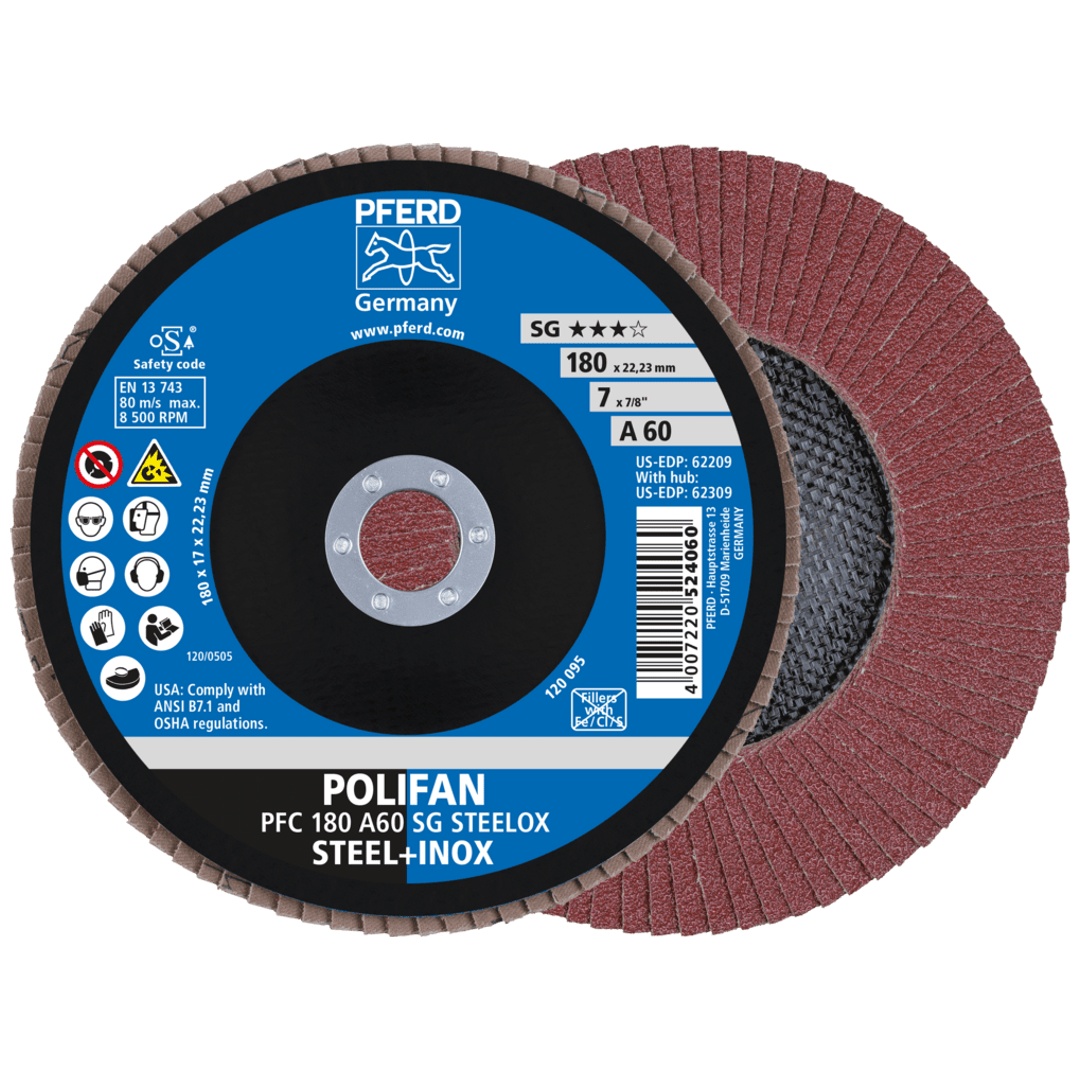 PFERD TOOLS POLIFAN Fächerscheibe PFC 180x22,23 mm konisch A60 SG STEELOX Stahl/Edelstahl