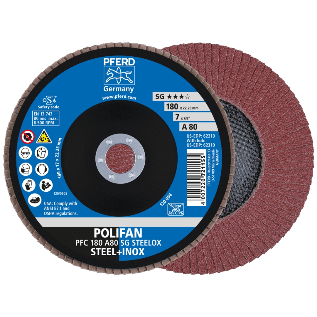 PFERD TOOLS POLIFAN Fächerscheibe PFC 180x22,23 mm konisch A80 SG STEELOX Stahl/Edelstahl