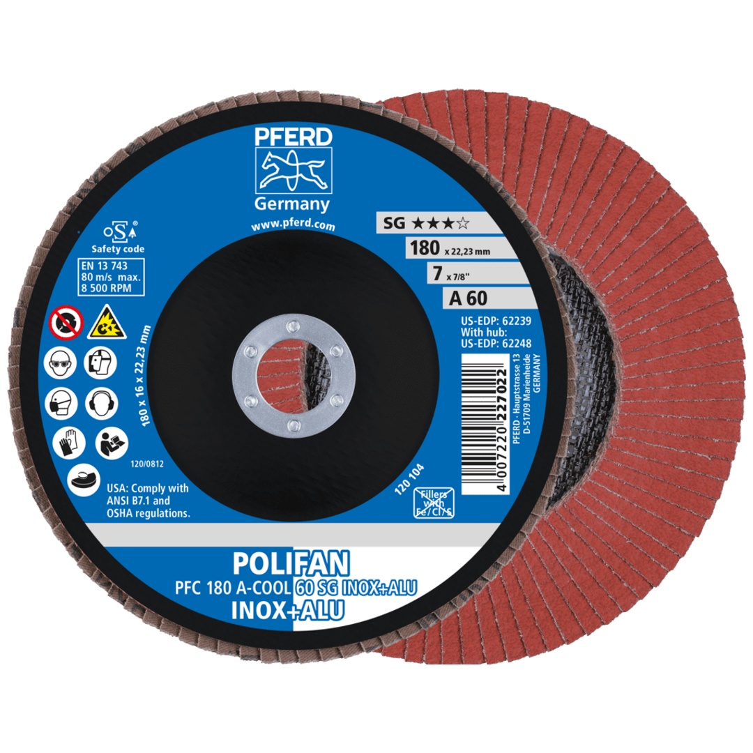 PFERD TOOLS POLIFAN Fächerscheibe PFC 180x22,23 mm konisch A-COOL 60 SG INOX+ALU Edelstahl/Alu