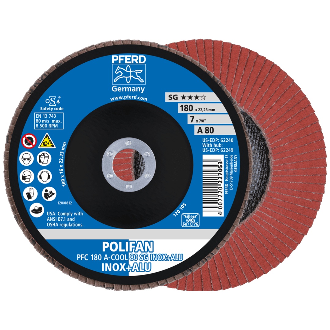 PFERD TOOLS POLIFAN Fächerscheibe PFC 180x22,23 mm konisch A-COOL 80 SG INOX+ALU Edelstahl/Alu