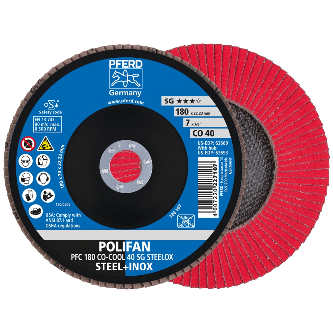 PFERD TOOLS POLIFAN Fächerscheibe PFC 180x22,23 mm konisch CO-COOL 40 SG STEELOX Stahl/Edelstahl