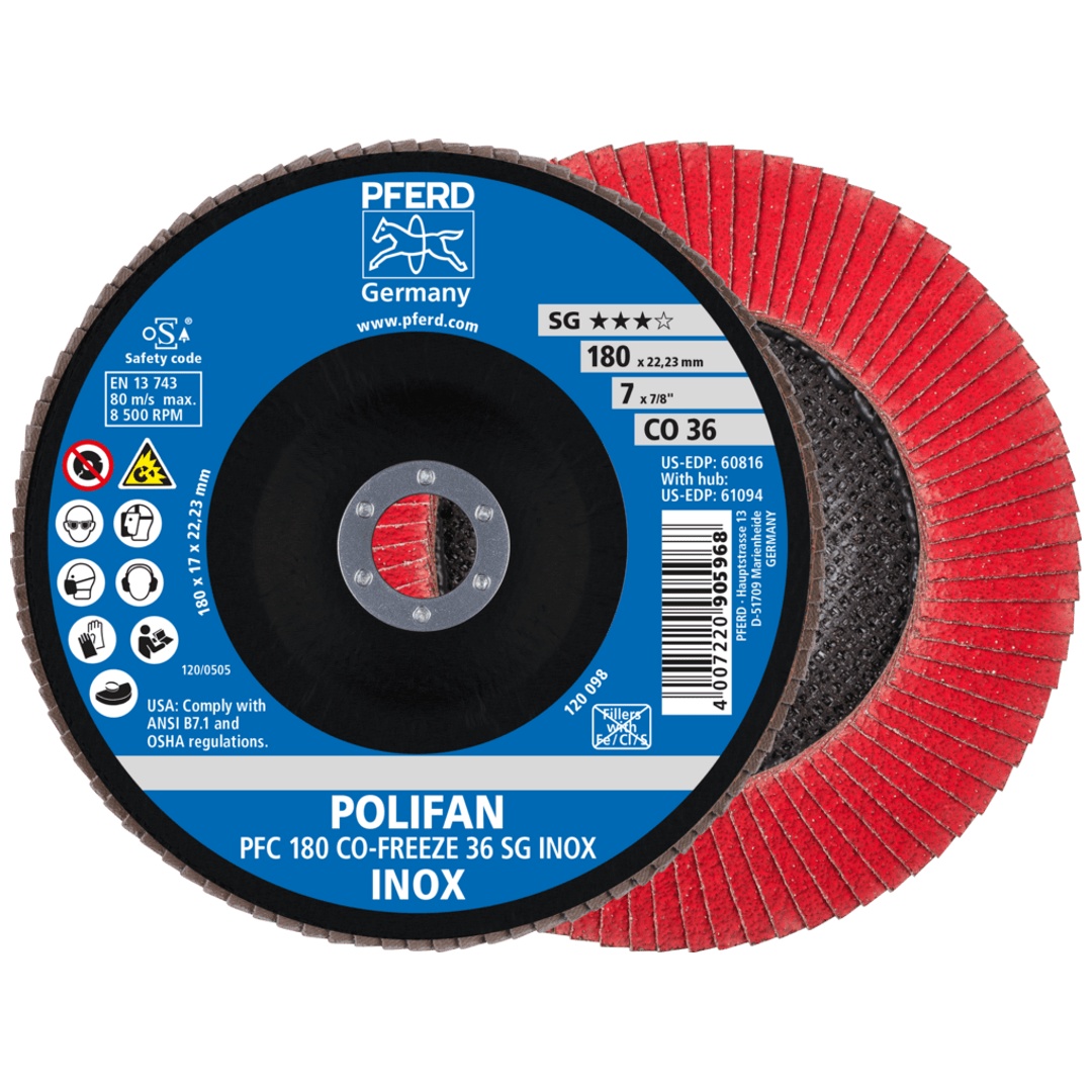 PFERD TOOLS POLIFAN Fächerscheibe PFC 180x22,23 mm konisch CO-FREEZE 36 SG INOX Edelstahl