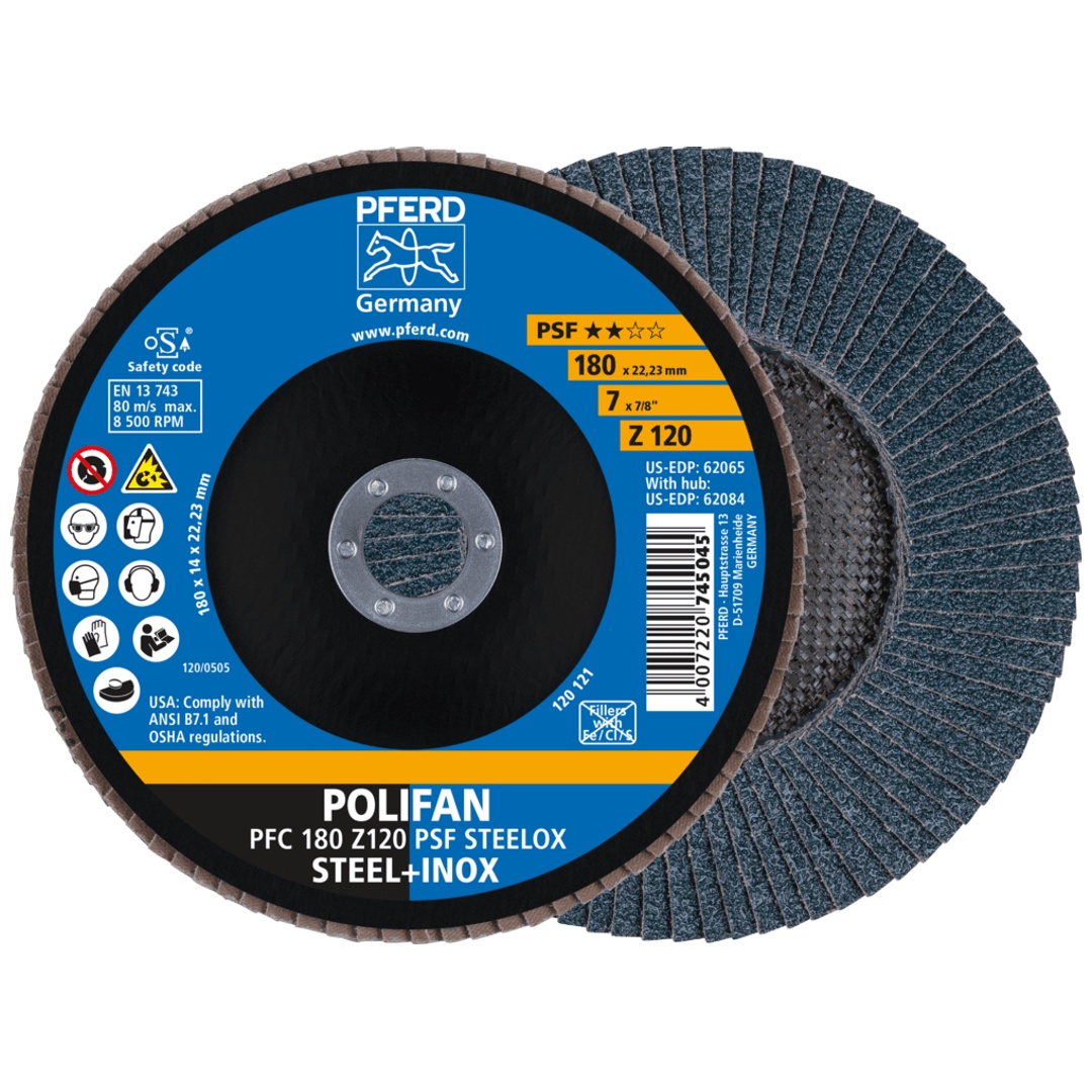 PFERD TOOLS POLIFAN Fächerscheibe PFC 180x22,23 mm konisch Z120 Uni.-Linie PSF STEELOX Stahl/Edelstahl