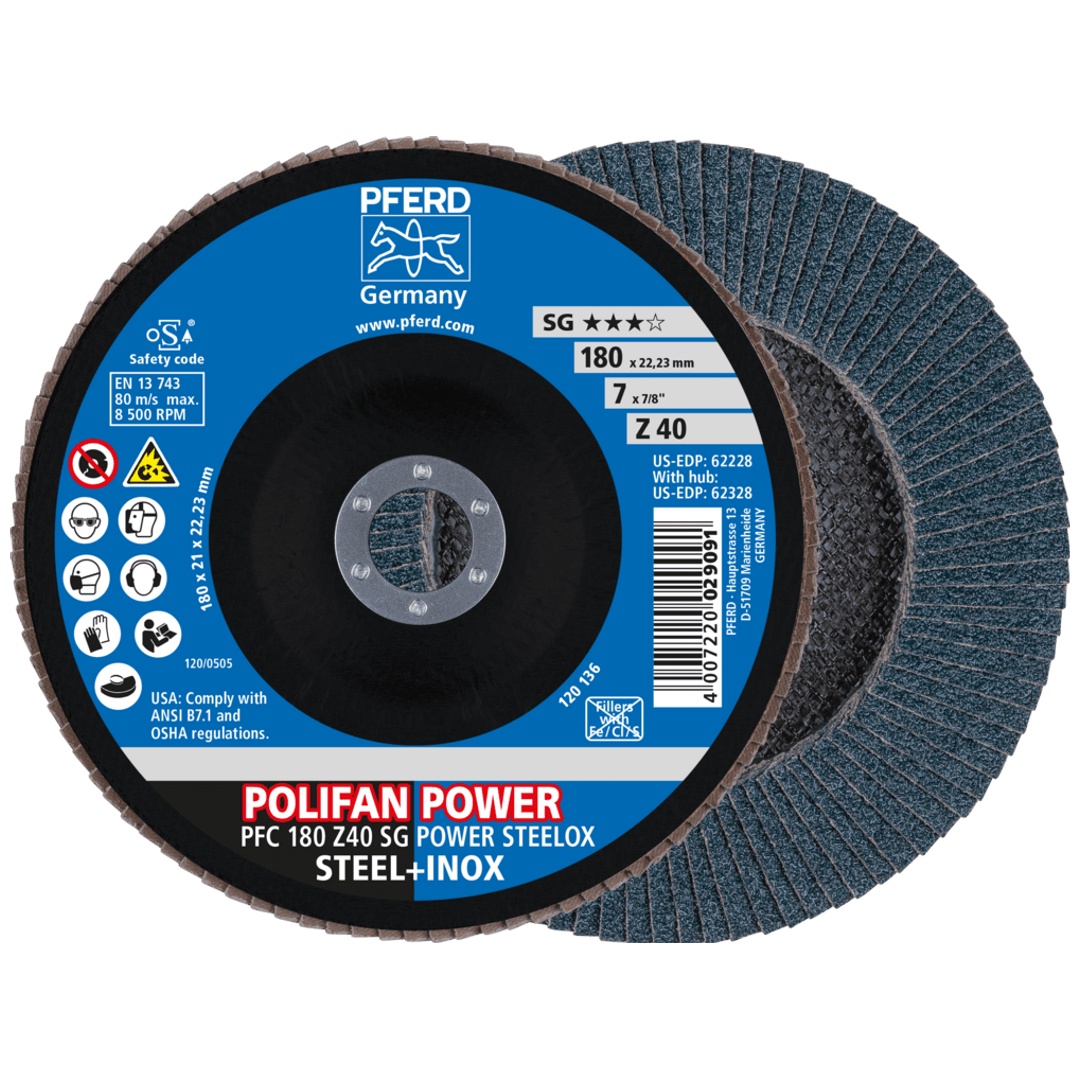 PFERD TOOLS POLIFAN POWER Fächerscheibe PFC 180x22,23 mm konisch Z40 SG STEELOX Stahl/Edelstahl