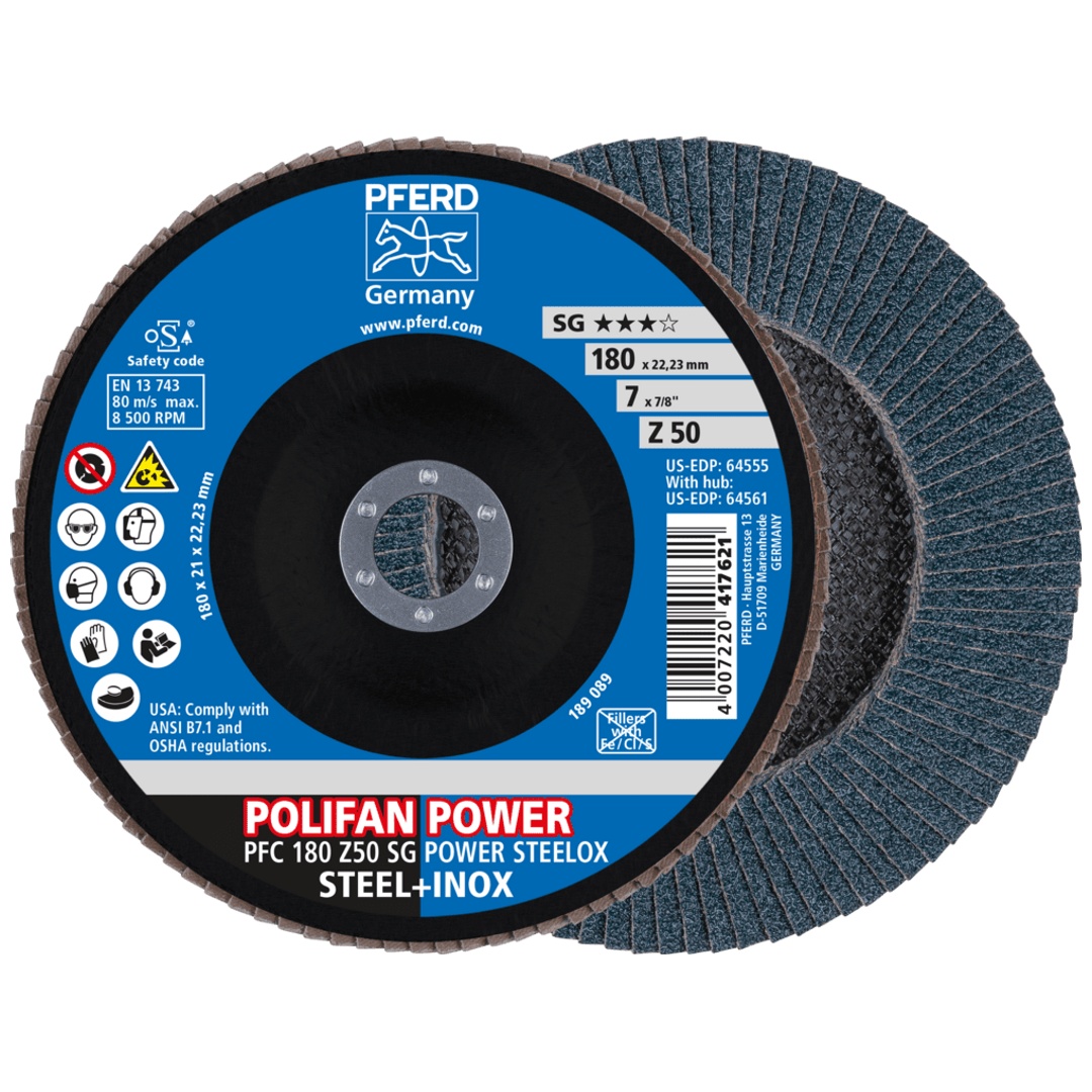 PFERD TOOLS POLIFAN POWER Fächerscheibe PFC 180x22,23 mm konisch Z50 Leistungslinie SG STEELOX für Stahl/Edelstahl