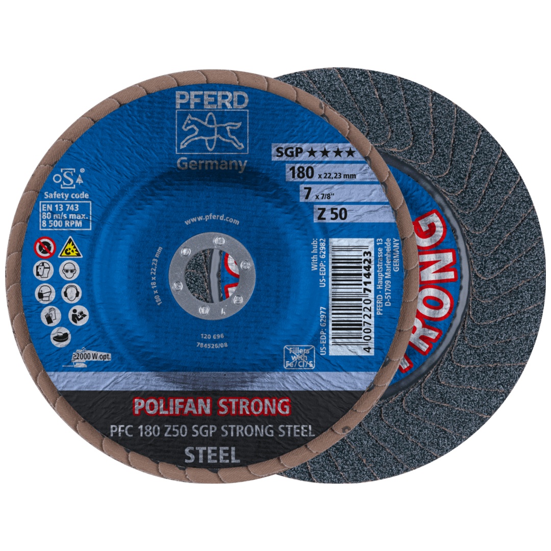 PFERD TOOLS POLIFAN STRONG Fächerscheibe PFC 180x22,23 mm konisch Z50 Speziallinie SGP STEEL für Stahl
