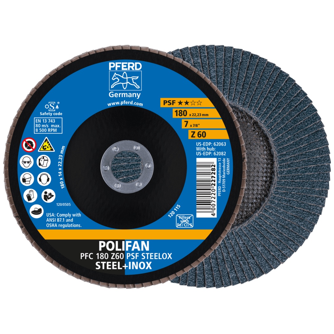 PFERD TOOLS POLIFAN Fächerscheibe PFC 180x22,23 mm konisch Z60 Uni.-Linie PSF STEELOX Stahl/Edelstahl