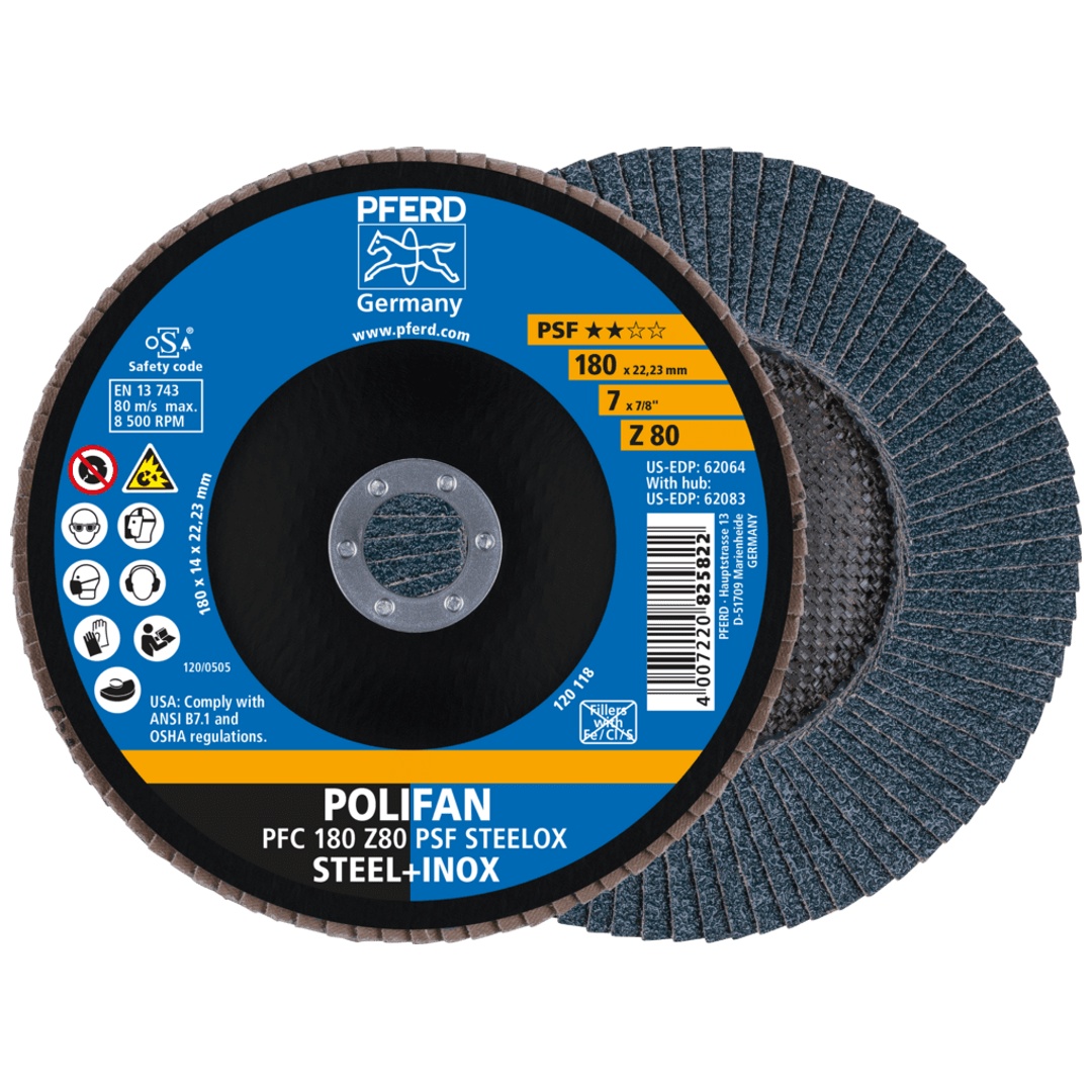 PFERD TOOLS POLIFAN Fächerscheibe PFC 180x22,23 mm konisch Z80 Uni.-Linie PSF STEELOX Stahl/Edelstahl