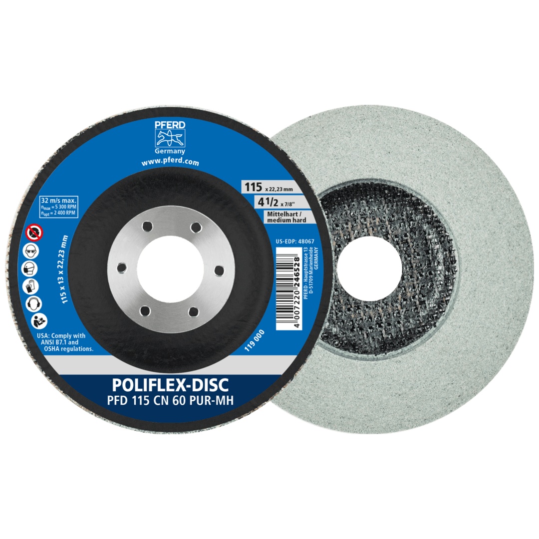 PFERD TOOLS Poliflex Disc PFD Ø 115x14 mm Bohrung-Ø 22,23 mm Bindung PUR Mittelhart SIC60