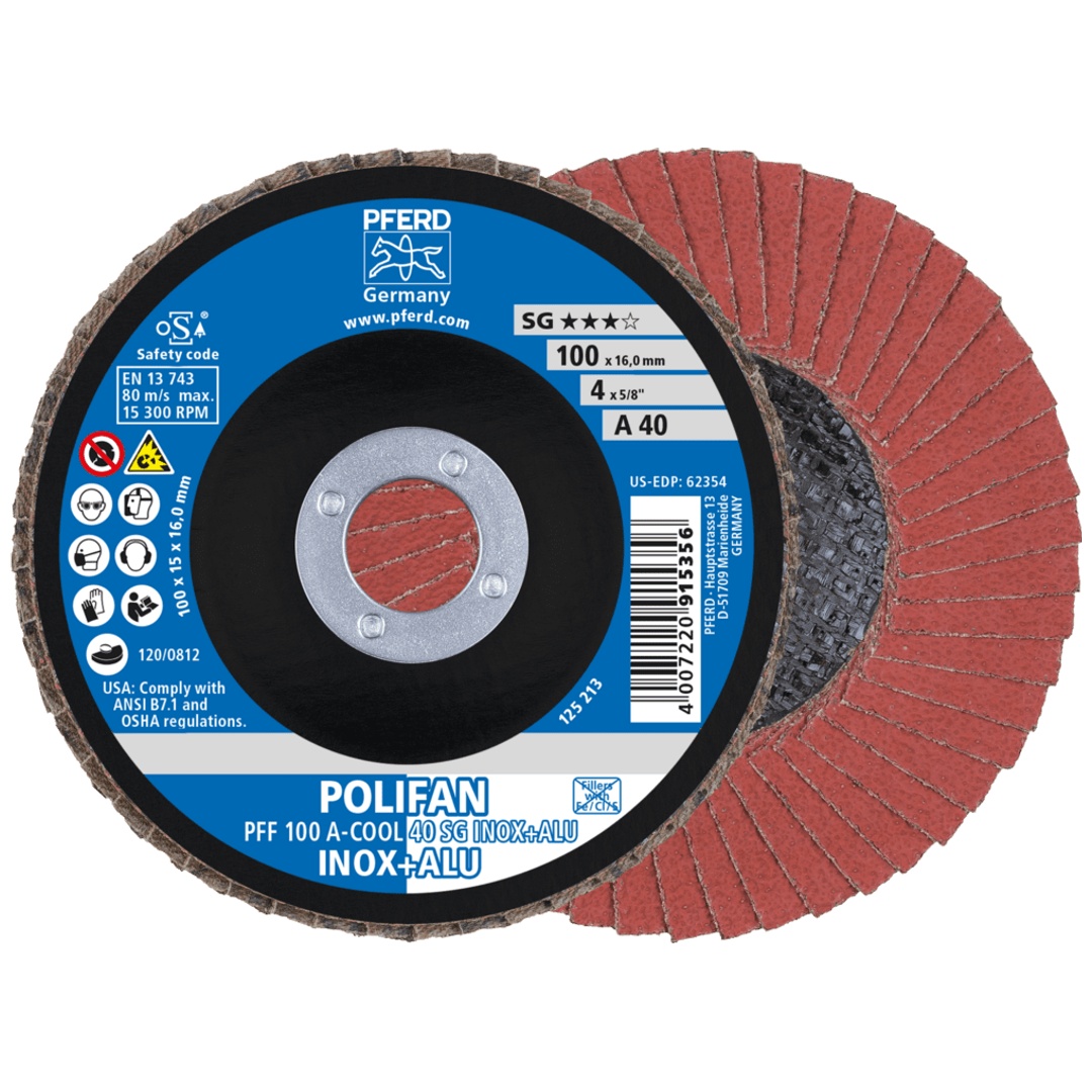 PFERD TOOLS POLIFAN Fächerscheibe PFF 100x16 mm flach A-COOL 40 SG INOX+ALU Edelstahl/Alu