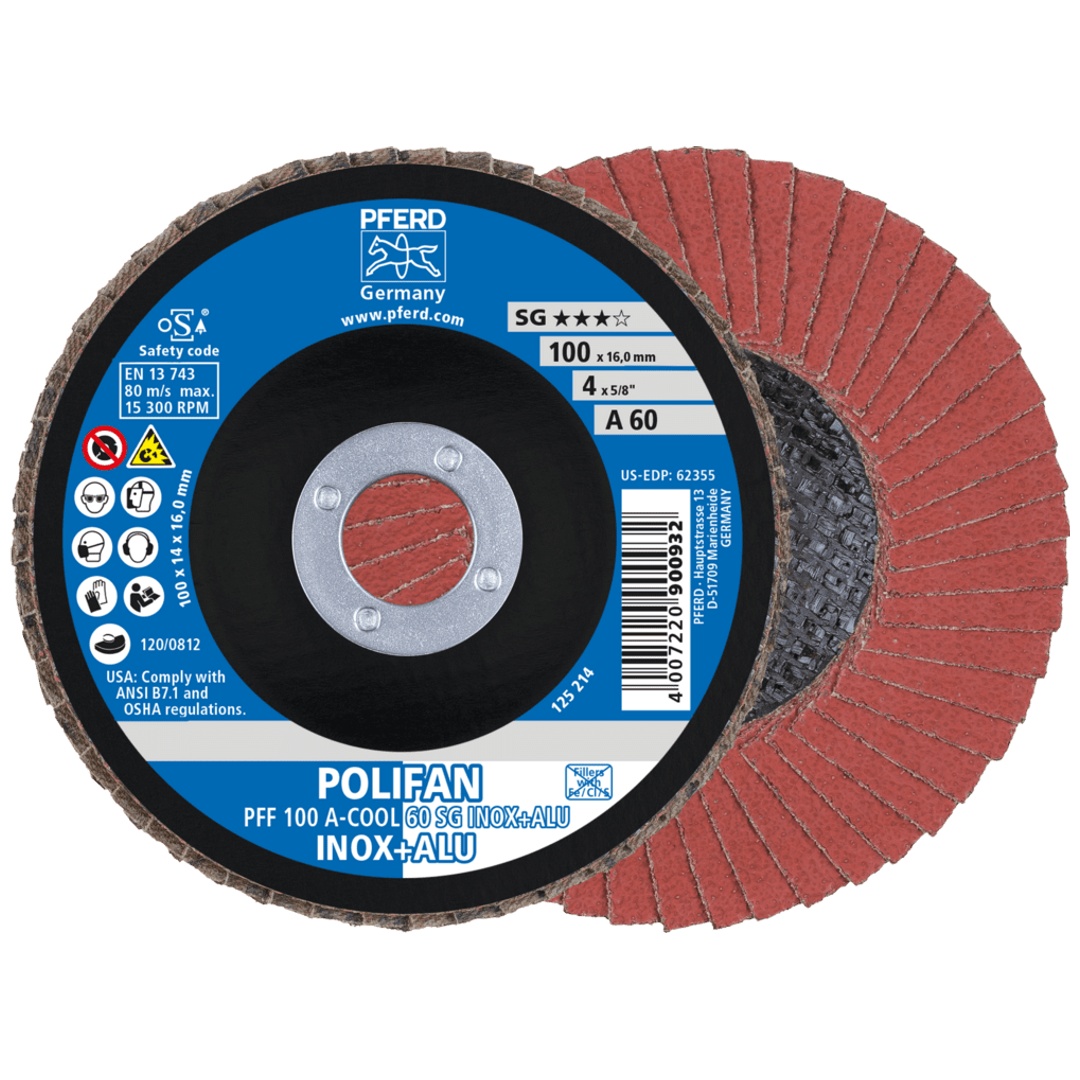 PFERD TOOLS POLIFAN Fächerscheibe PFF 100x16 mm flach A-COOL 60 SG INOX+ALU Edelstahl/Alu