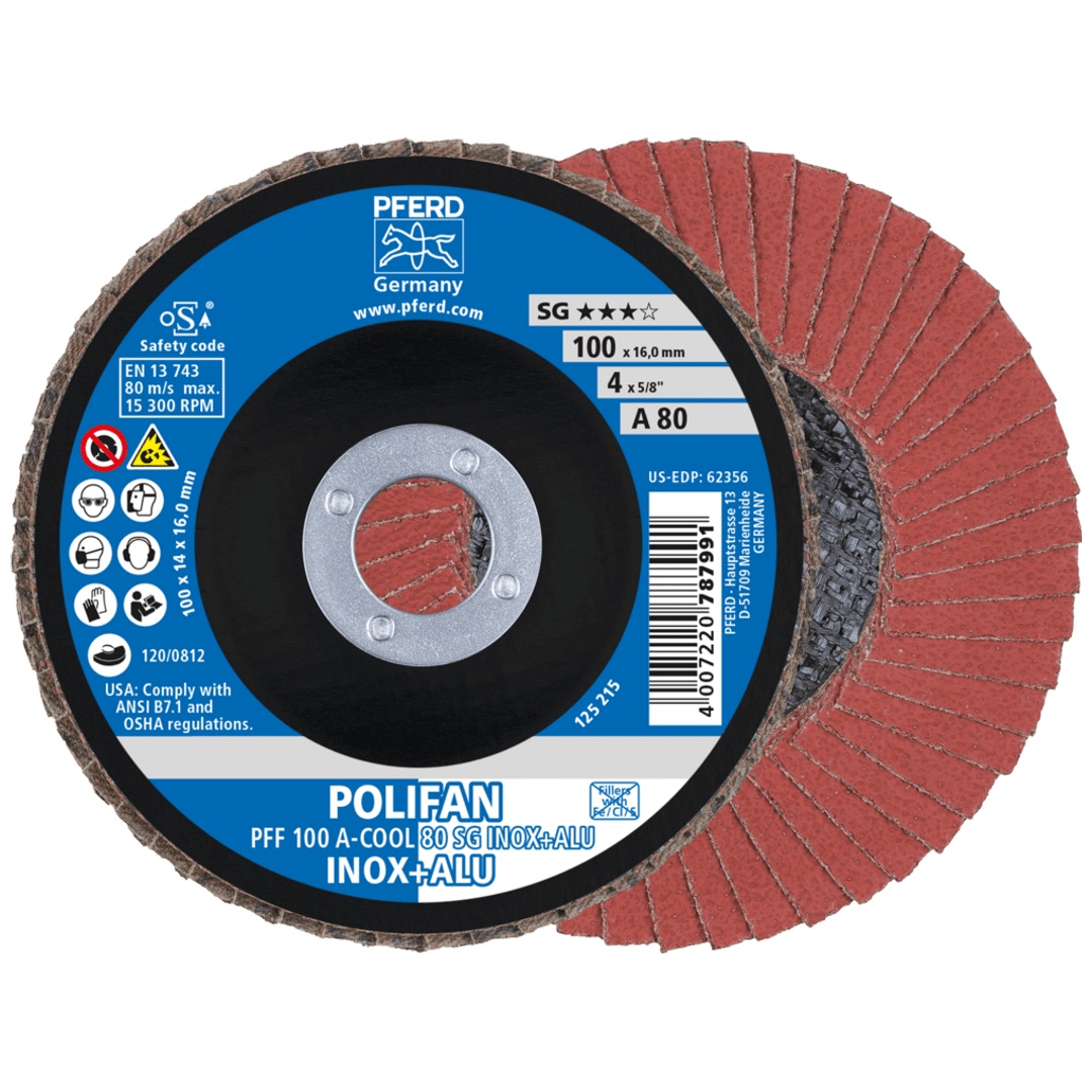 PFERD TOOLS POLIFAN Fächerscheibe PFF 100x16 mm flach A-COOL 80 SG INOX+ALU Edelstahl/Alu