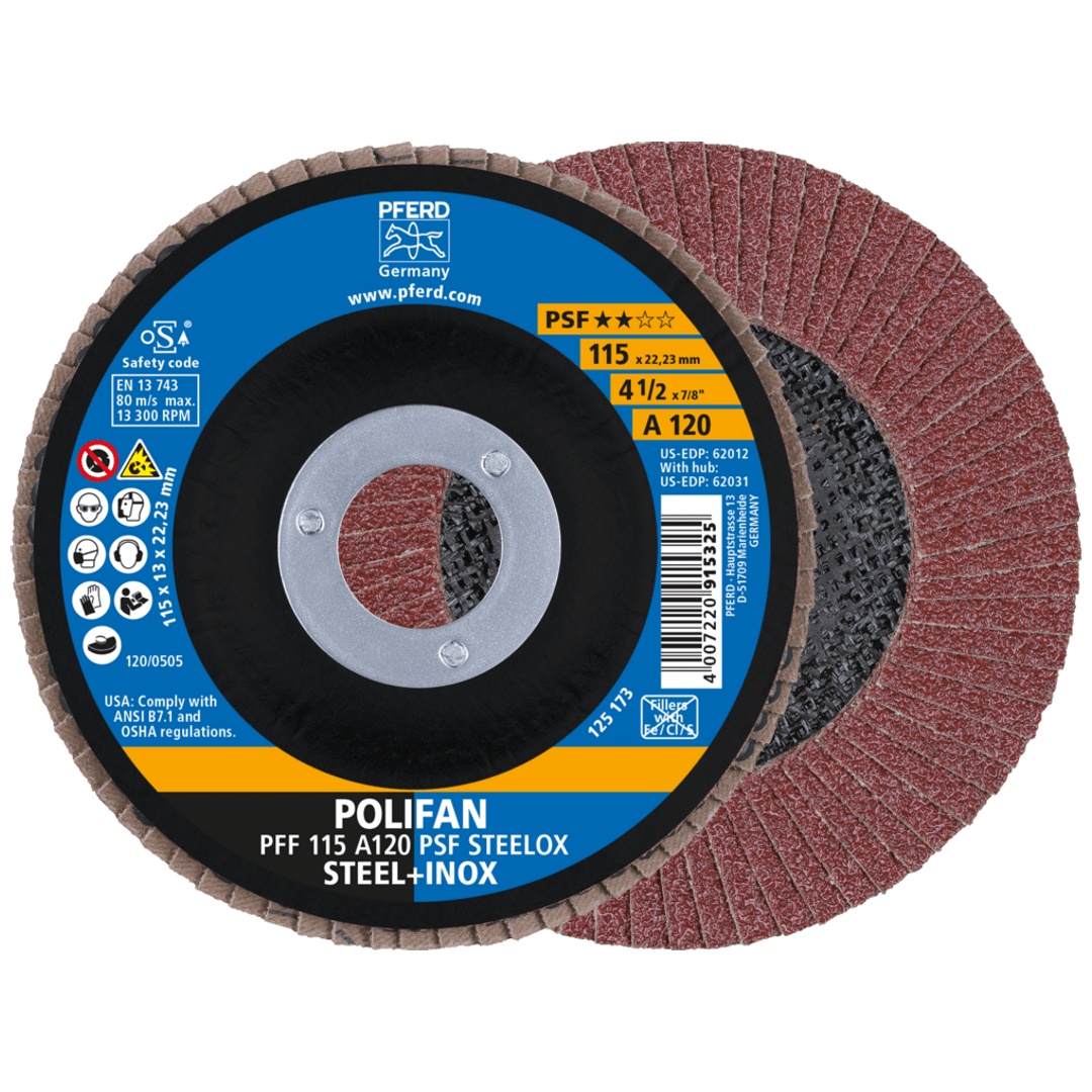 PFERD TOOLS POLIFAN Fächerscheibe PFF 115x22,23 mm flach A120 Uni.-Linie PSF STEELOX Stahl/Edelstahl