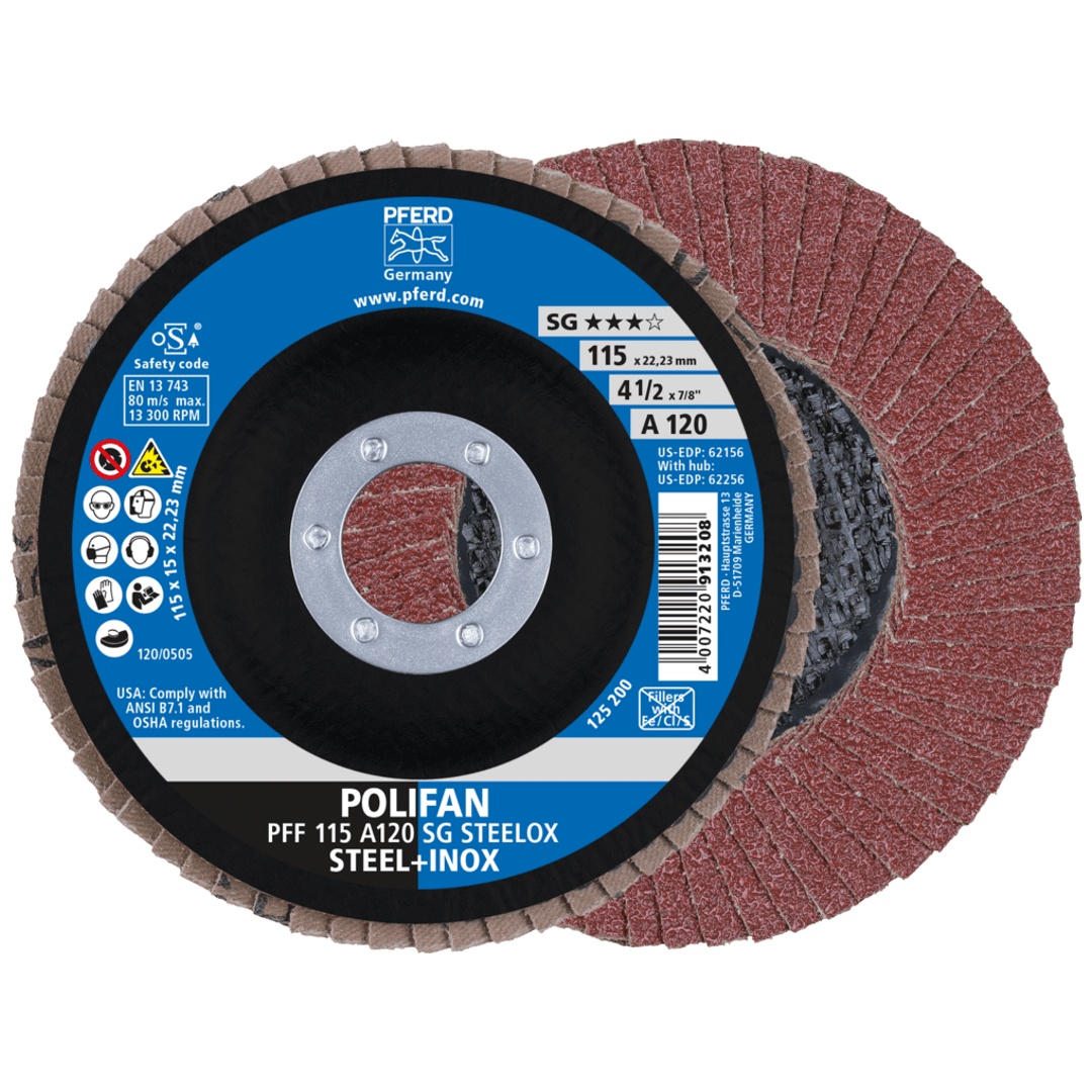 PFERD TOOLS POLIFAN Fächerscheibe PFF 115x22,23 mm flach A120 Leistungslinie SG STEELOX Stahl/Edelstahl