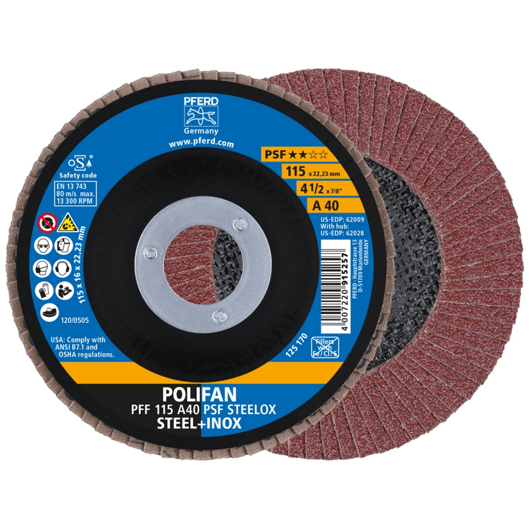 PFERD TOOLS POLIFAN Fächerscheibe PFF 115x22,23 mm flach A40 Universallinie PSF STEELOX Stahl/Edelstahl