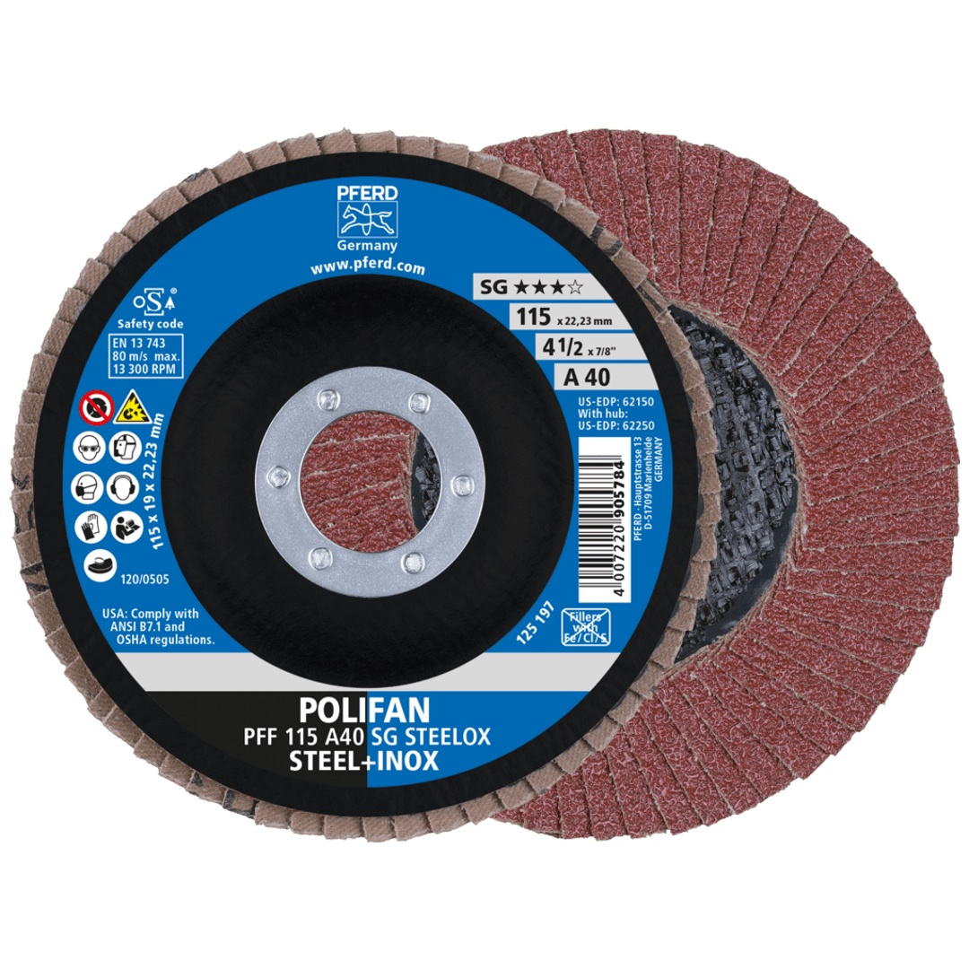 PFERD TOOLS POLIFAN Fächerscheibe PFF 115x22,23 mm flach A40 Leistungslinie SG STEELOX Stahl/Edelstahl