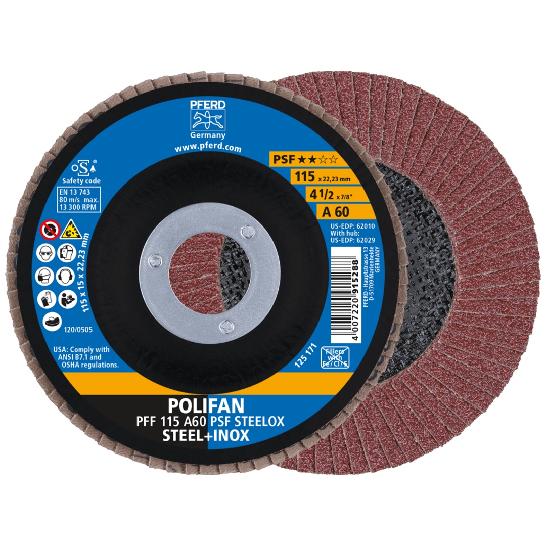 PFERD TOOLS POLIFAN Fächerscheibe PFF 115x22,23 mm flach A60 Universallinie PSF STEELOX Stahl/Edelstahl