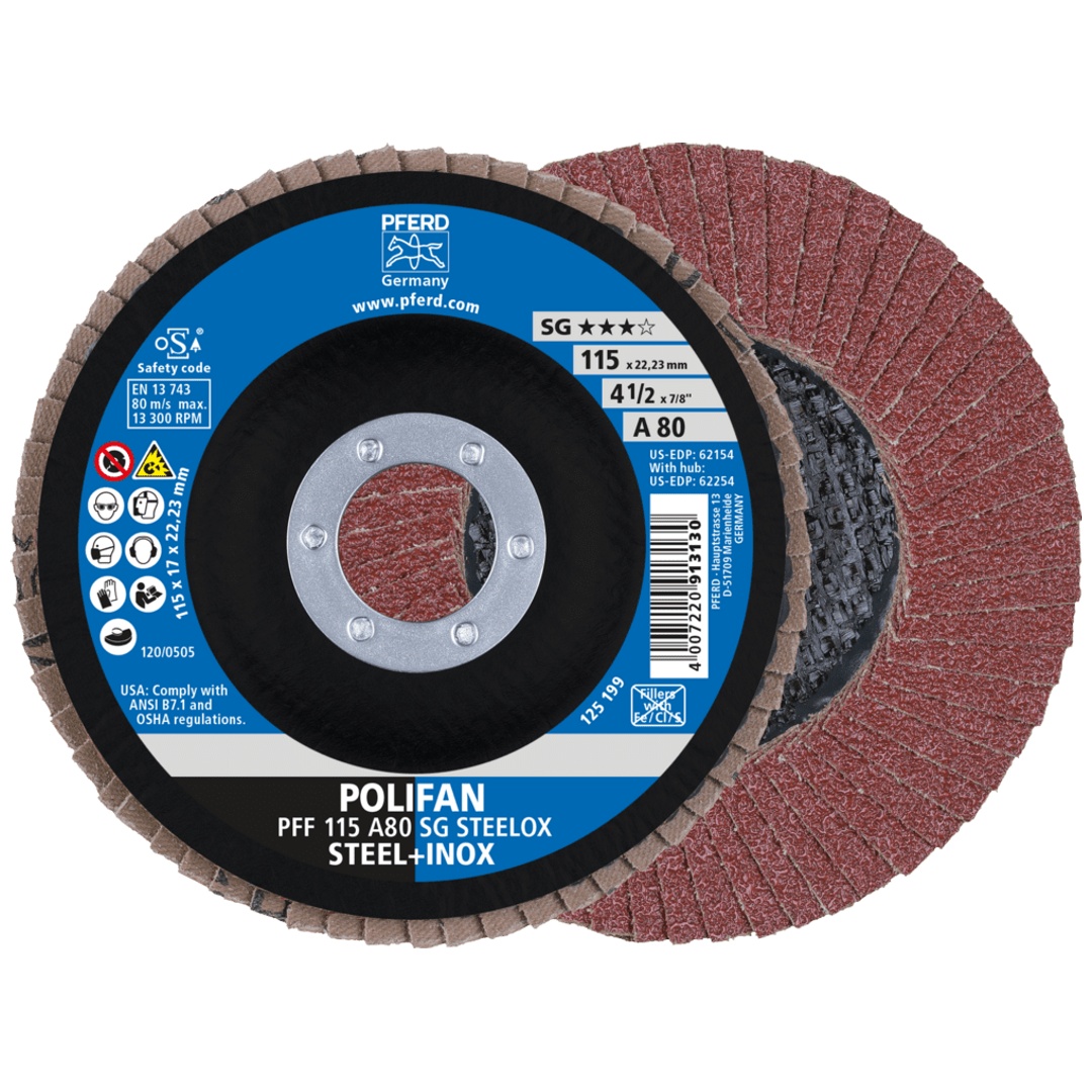PFERD TOOLS POLIFAN Fächerscheibe PFF 115x22,23 mm flach A80 Leistungslinie SG STEELOX Stahl/Edelstahl