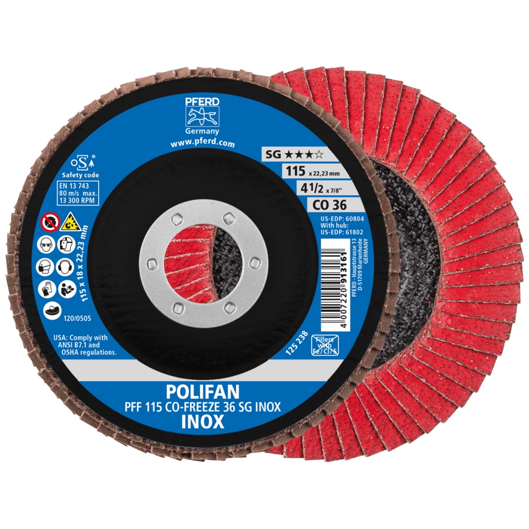 PFERD TOOLS POLIFAN Fächerscheibe PFF 115x22,23 mm flach CO-FREEZE 36 Leistungslinie SG INOX Edelstahl