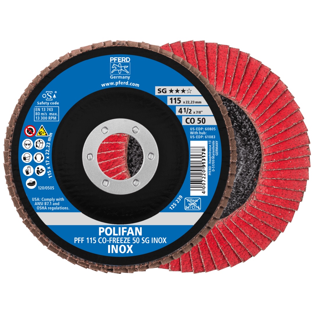 PFERD TOOLS POLIFAN Fächerscheibe PFF 115x22,23 mm flach CO-FREEZE 50 Leistungslinie SG INOX Edelstahl