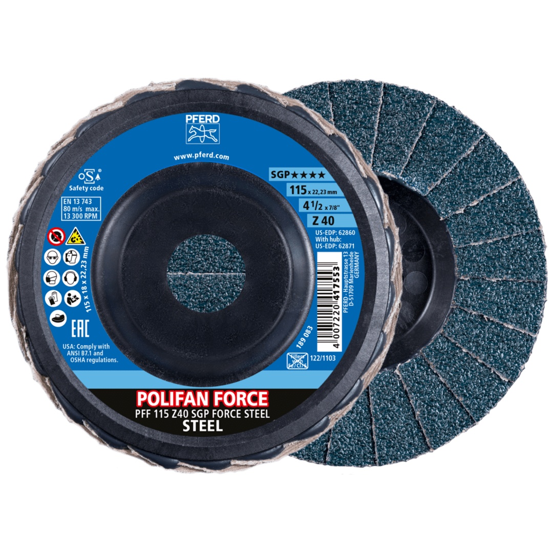 PFERD TOOLS PFERD POLIFAN FORCE Fächerscheibe PFF 115x22,23 mm konisch Z40 Speziallinie SGP STEEL für Stahl