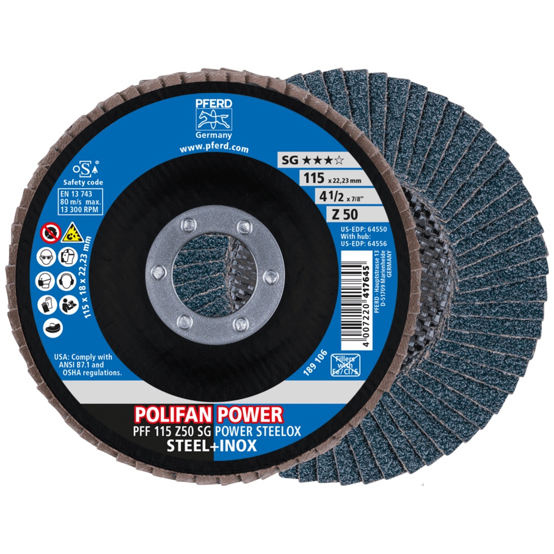 PFERD TOOLS POLIFAN POWER Fächerscheibe PFF 115x22,23 mm flach Z50 Leistungslinie SG STEELOX für Stahl/Edelstahl