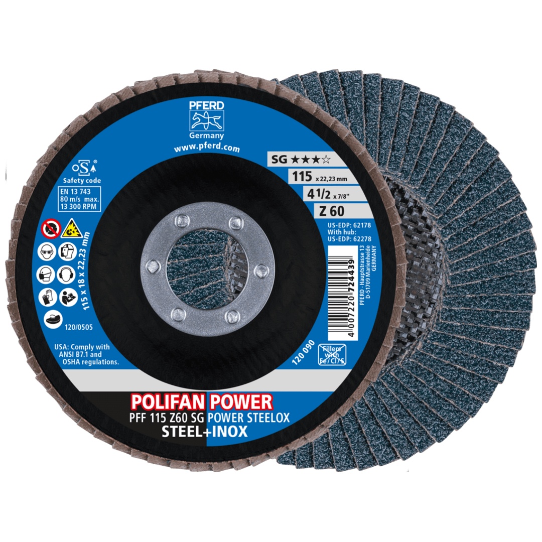 PFERD TOOLS POLIFAN POWER Fächerscheibe PFF 115x22,23 mm flach Z60 Leistungslinie SG POWER STEELOX Stahl/Edelstahl