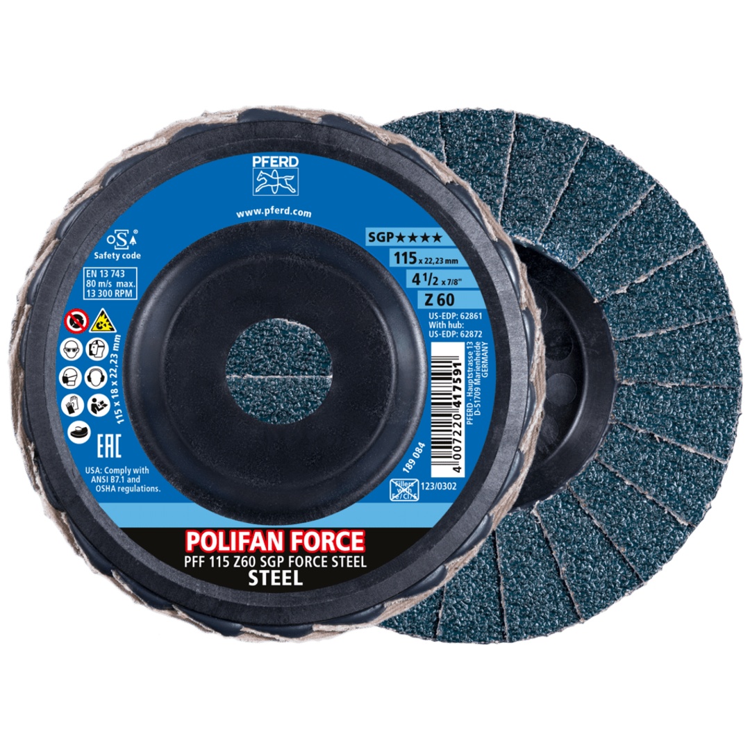 PFERD TOOLS PFERD POLIFAN FORCE Fächerscheibe PFF 115x22,23 mm konisch Z60 Speziallinie SGP STEEL für Stahl