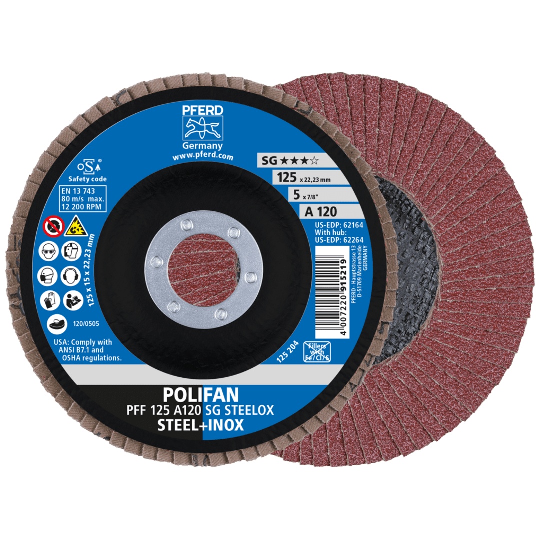 PFERD TOOLS POLIFAN Fächerscheibe PFF 125x22,23 mm flach A120 Uni.-Linie PSF STEELOX Stahl/Edelstahl