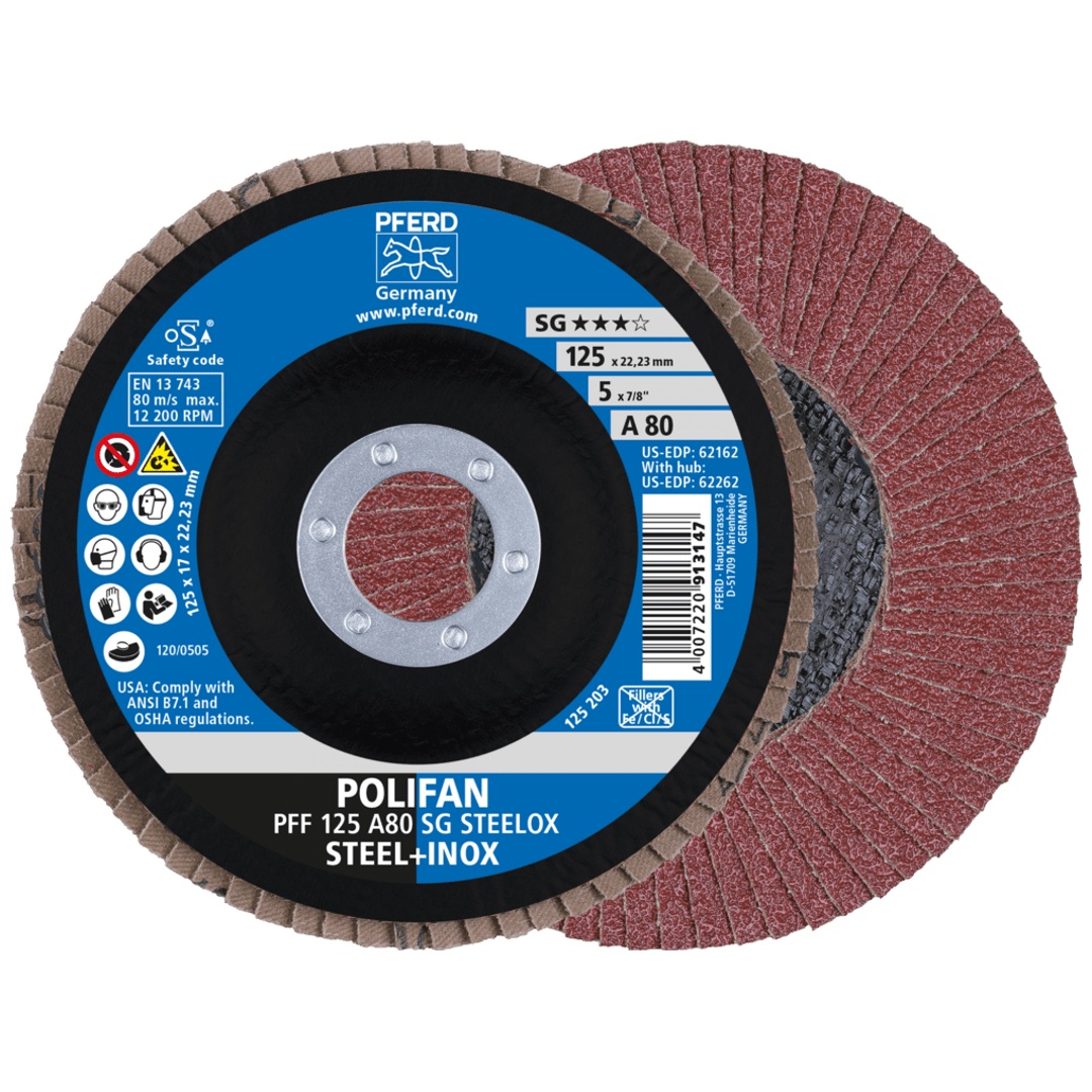 PFERD TOOLS POLIFAN Fächerscheibe PFF 125x22,23 mm flach A80 Leistungslinie SG STEELOX Stahl/Edelstahl