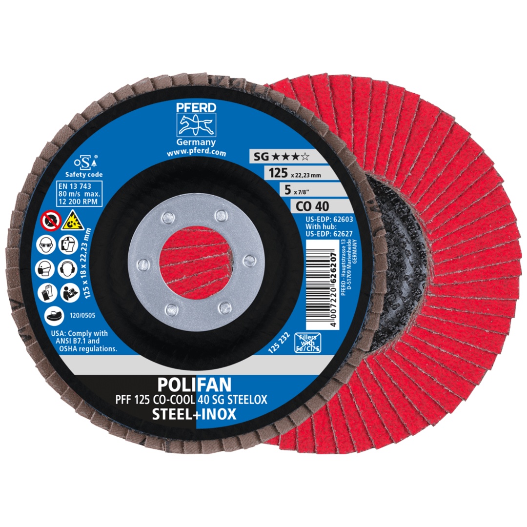 PFERD TOOLS POLIFAN Fächerscheibe PFF 125x22,23 mm flach CO-COOL 40 SG STEELOX Stahl/Edelstahl