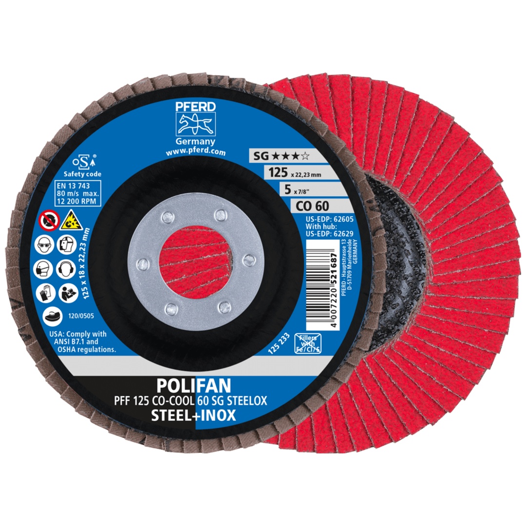 PFERD TOOLS POLIFAN Fächerscheibe PFF 125x22,23 mm flach CO-COOL 60 SG STEELOX Stahl/Edelstahl