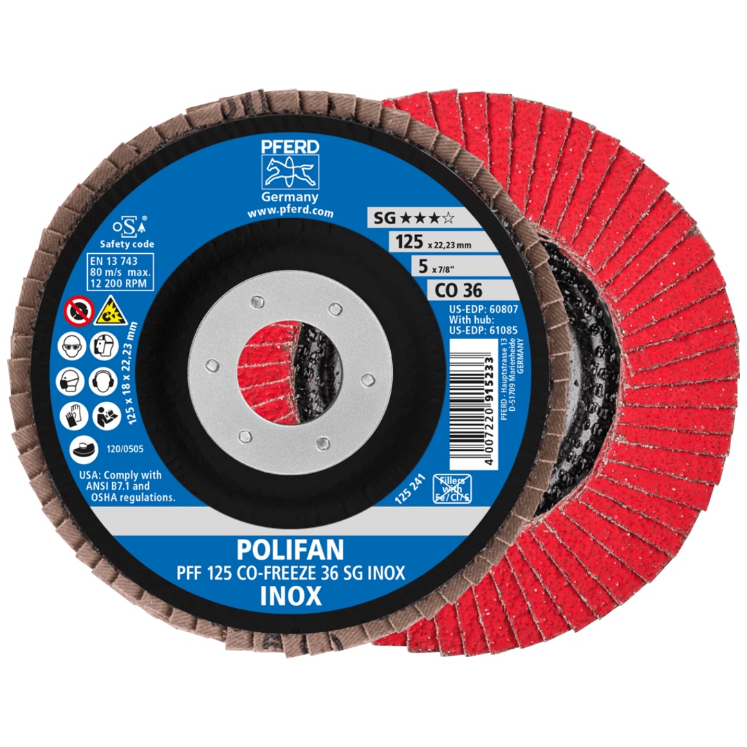 PFERD TOOLS POLIFAN Fächerscheibe PFF 125x22,23 mm flach CO-FREEZE 36 Leistungslinie SG INOX Edelstahl