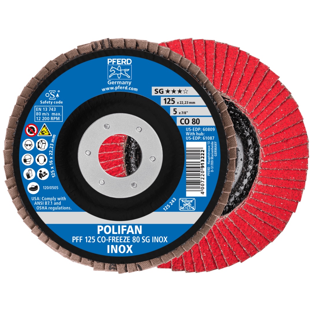 PFERD TOOLS POLIFAN Fächerscheibe PFF 125x22,23 mm flach CO-FREEZE 80 Leistungslinie SG INOX Edelstahl