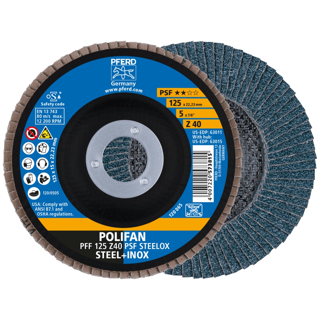 PFERD TOOLS POLIFAN Fächerscheibe PFF 125x22,23 mm flach Z40 Universallinie PSF STEELOX Stahl/Edelstahl