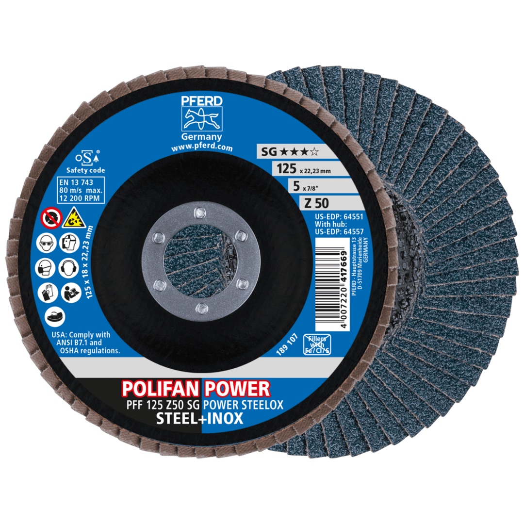 PFERD TOOLS POLIFAN POWER Fächerscheibe PFF125x22,23 mm flach Z50 Leistungslinie SG STEELOX für Stahl/Edelstahl
