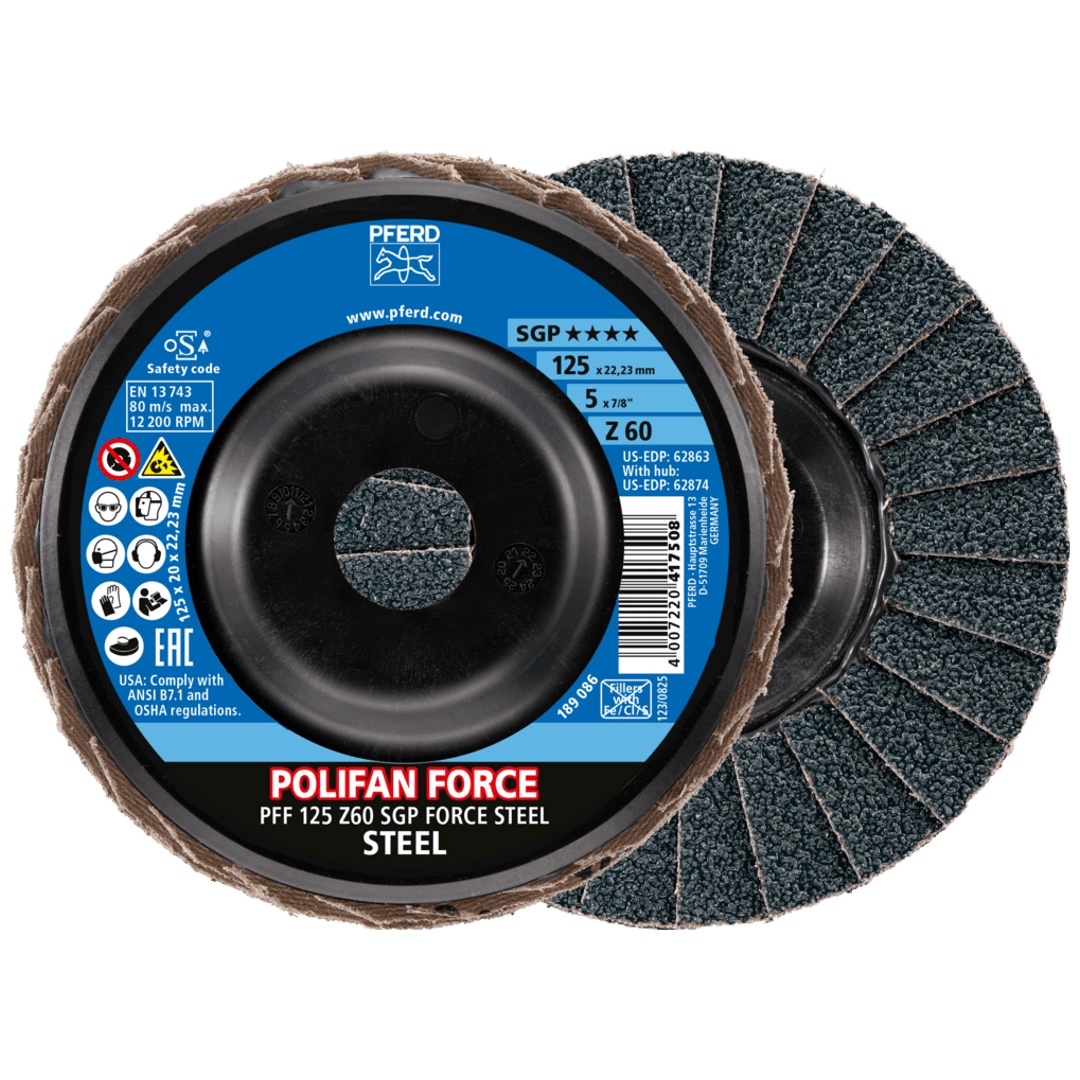 PFERD TOOLS POLIFAN FORCE Fächerscheibe PFF 125x22,23 mm flach Z60 Speziallinie SGP STEEL für Stahl