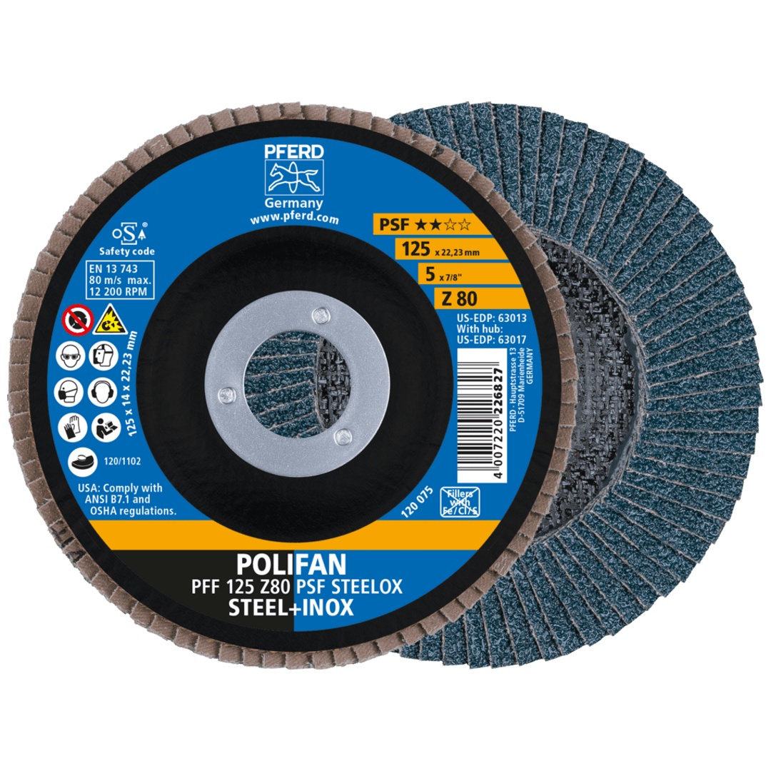 PFERD TOOLS POLIFAN Fächerscheibe PFF 125x22,23 mm flach Z80 Universallinie PSF STEELOX Stahl/Edelstahl