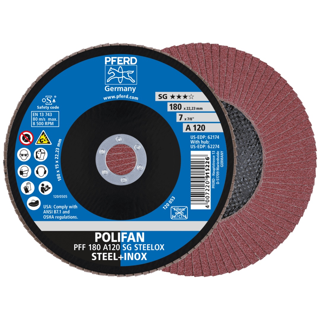 PFERD TOOLS POLIFAN Fächerscheibe PFF 180x22,23 mm flach A120 Leistungslinie SG STEELOX Stahl/Edelstahl