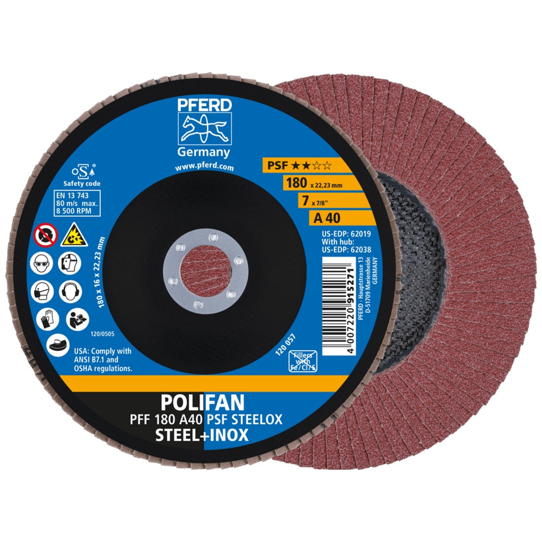 PFERD TOOLS POLIFAN Fächerscheibe PFF 180x22,23 mm flach A40 Universallinie PSF STEELOX Stahl/Edelstahl