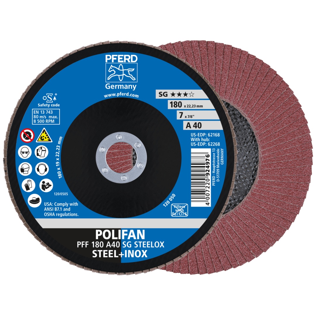 PFERD TOOLS POLIFAN Fächerscheibe PFF 180x22,23 mm flach A40 Leistungslinie SG STEELOX Stahl/Edelstahl