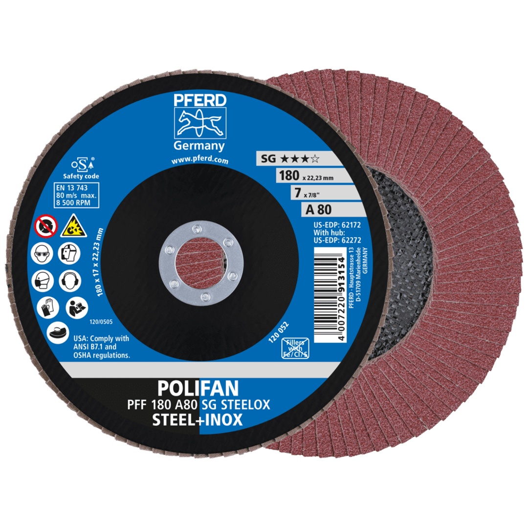 PFERD TOOLS POLIFAN Fächerscheibe PFF 180x22,23 mm flach A80 Leistungslinie SG STEELOX Stahl/Edelstahl