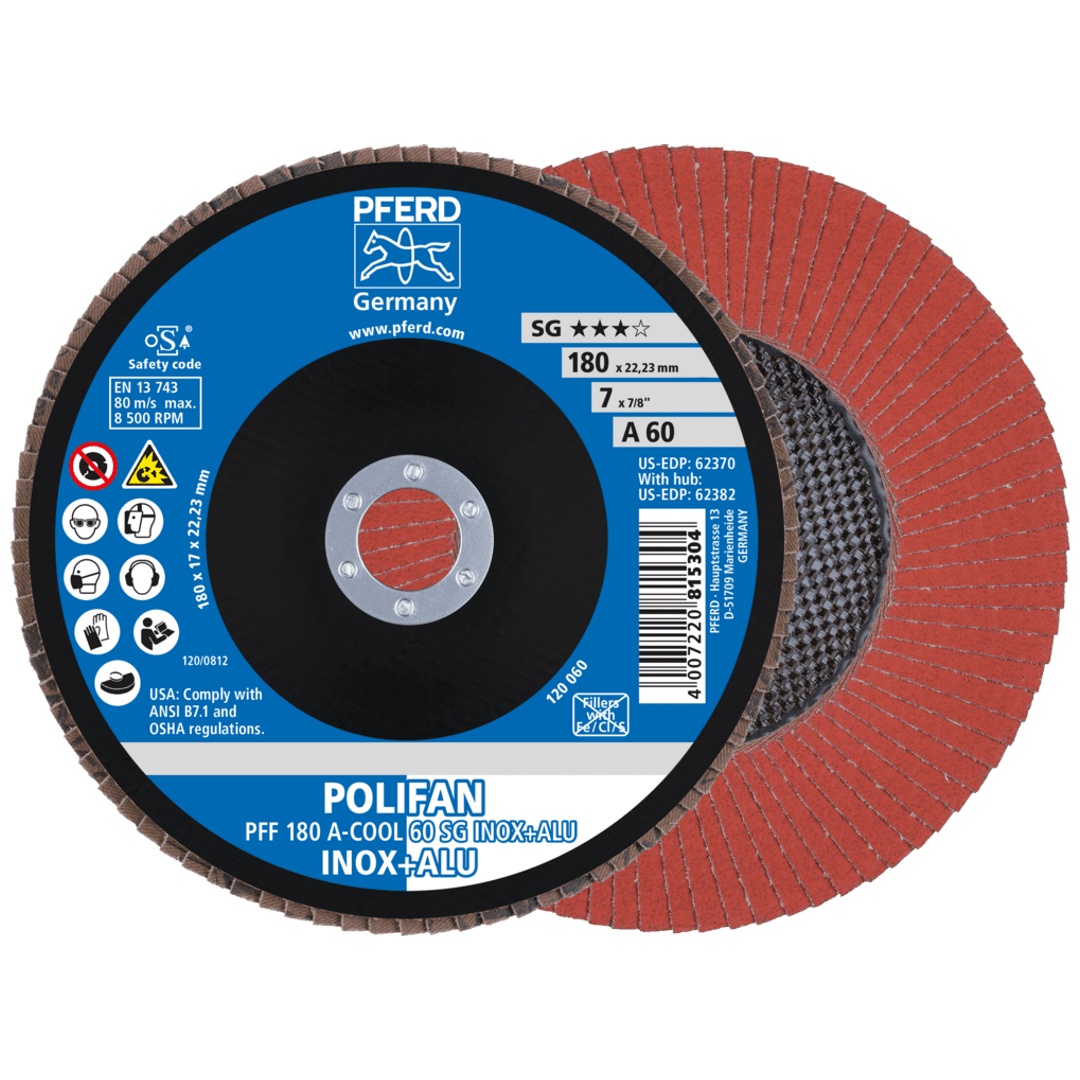 PFERD TOOLS POLIFAN Fächerscheibe PFF 180x22,23 mm flach A-COOL 60 SG INOX+ALU Edelstahl/Alu