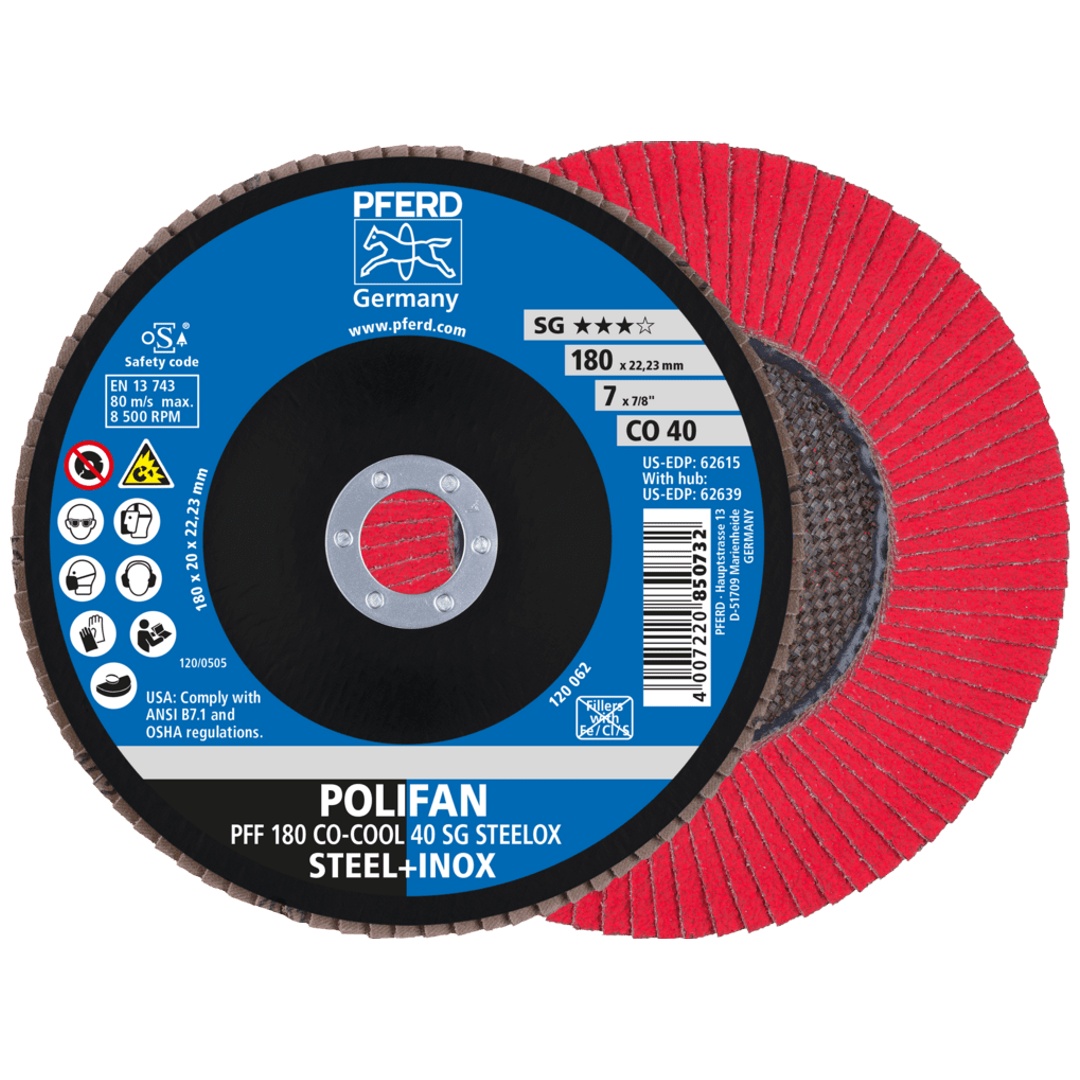 PFERD TOOLS POLIFAN Fächerscheibe PFF 180x22,23 mm flach CO-COOL 40 SG STEELOX Stahl/Edelstahl