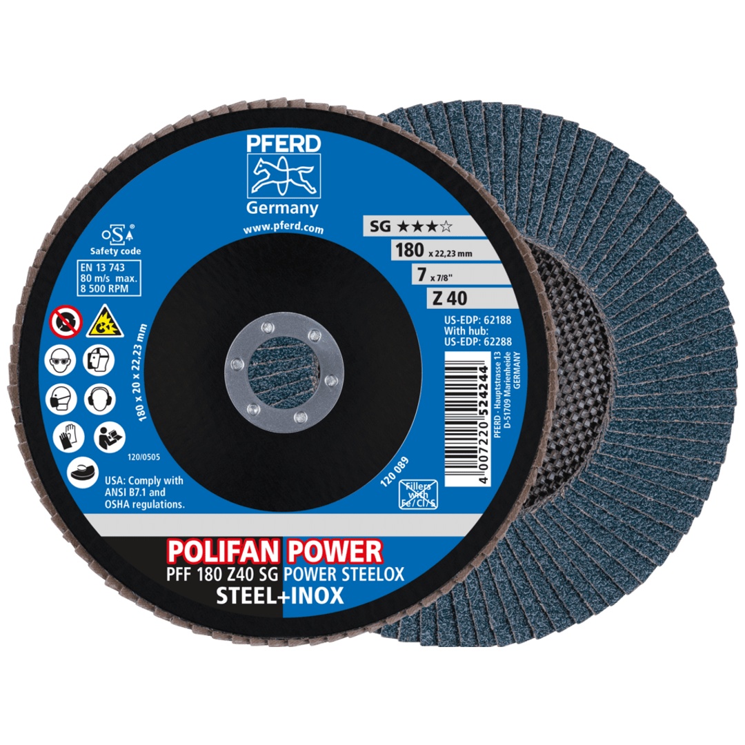 PFERD TOOLS POLIFAN POWER Fächerscheibe PFF 180x22,23 mm flach Z40 SG STEELOX Stahl/Edelstahl