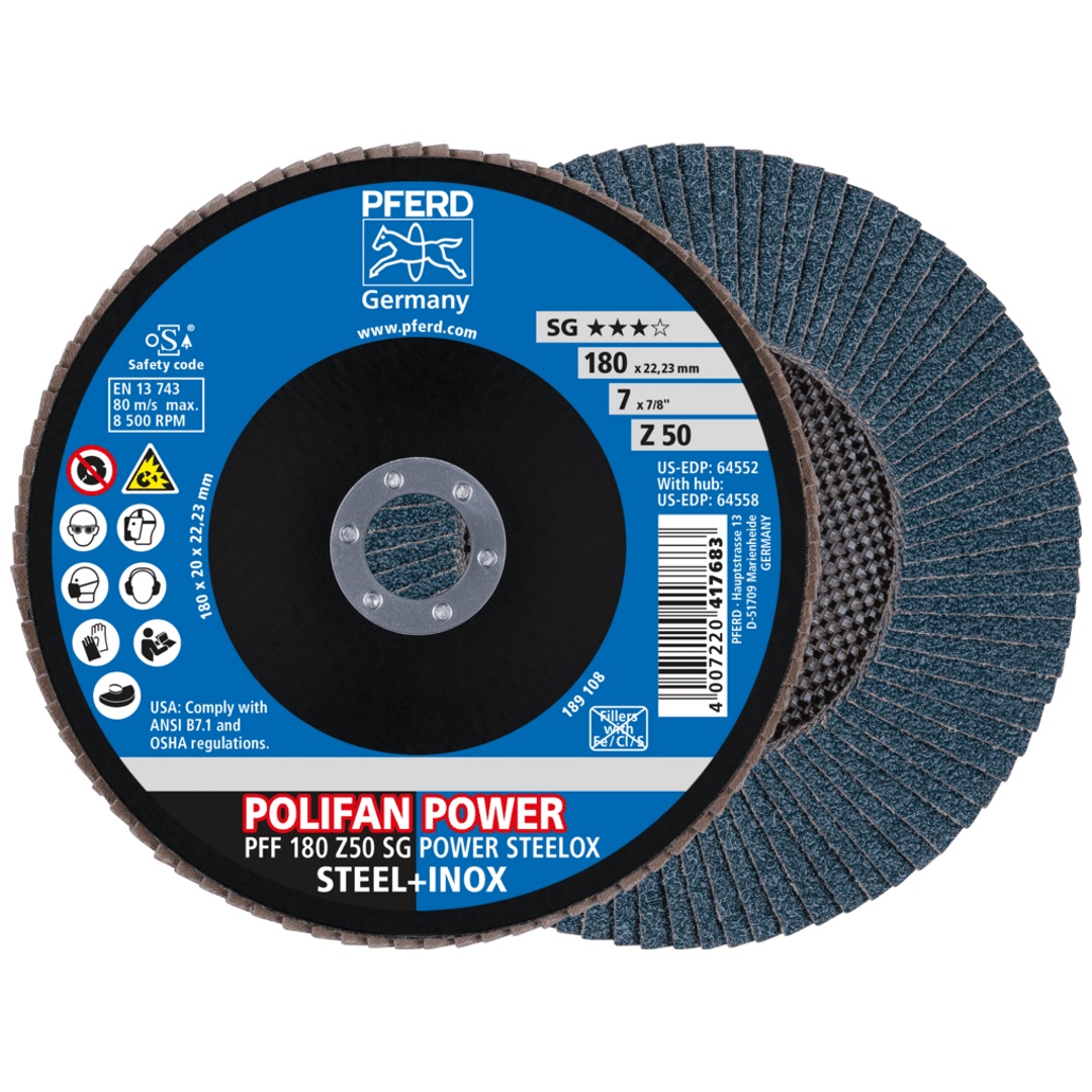 PFERD TOOLS POLIFAN POWER Fächerscheibe PFF 180x22,23 mm flach Z50 Leistungslinie SG STEELOX für Stahl/Edelstahl